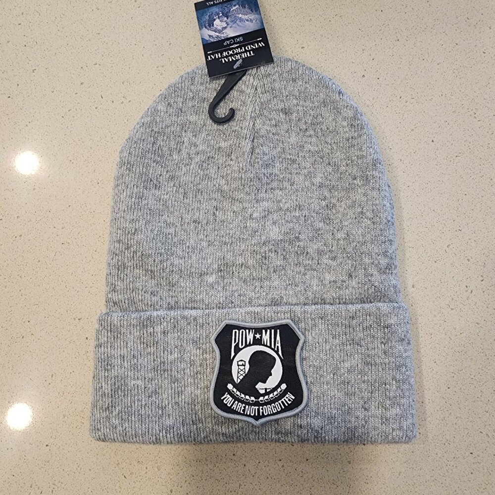 POW-MIA Patched Knit Cuffed Beanie in Gray.
